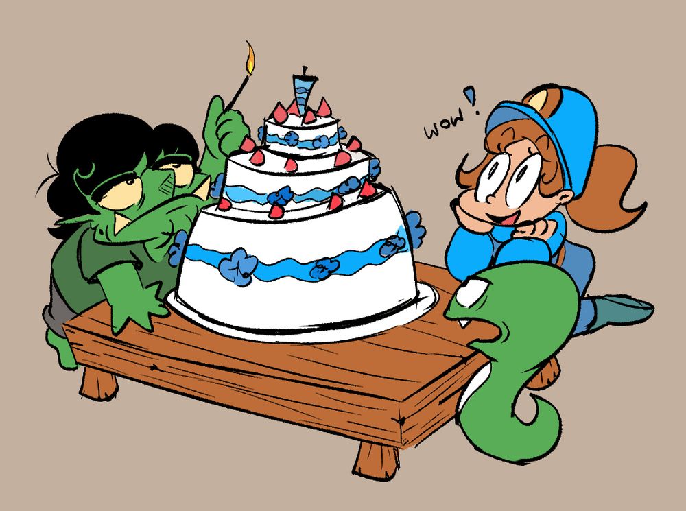 Nate Candles, Annalynn and Mike (of the Venom Brigade) celebrating the birthday of a certain someone. Nate is just about to light a singular candle to properly make the celebration official.