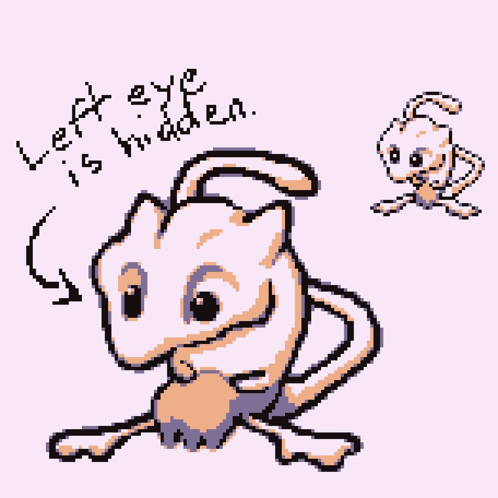 Mew as it appears in Pokémon Green. It appears a lot more fetus-like, and an arrow is pointing to the left side of its head, indicating that there might be a third eye hidden behind it. This could mean that what people had assumed was its left eye is actually the middle eye.