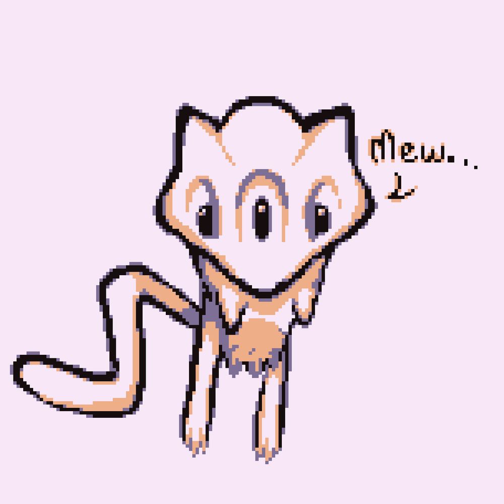 Mew from Pokémon Green, now floating, looking straight at you. It's now revealed that it indeed has three eyes, with the left eye actually turning out to be its middle eye.