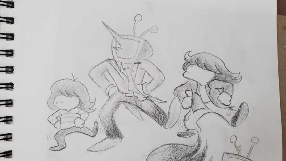 A piece of Deltarune fanart drawn in a handsome guy's sketchbook with pencil. It depicts Kris Dreemur, Mr Tenna, and Susie dancing a part of the famous Gangnam Style. Sncyronised, they all have one leg curved, and the other leg up whilst putting their hands to their hips.