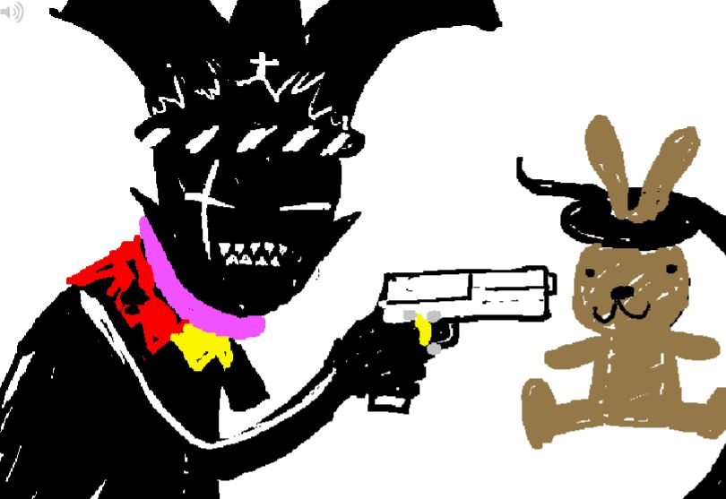 no creo que este alt text sirva de mucho, esto es una imagen del webcómic homestuck, jack noir (un humanoide de color negro vestido de arlequín y con el anillo de la reina negra puesto) amenaza a un peluche de conejo al que mantiene sujeto con un tentáculo, como en la película con air, bueno, no hay tentáculos en con air, pero sí que amenazan a un conejo de peluche, creo, en realidad no he visto con air, bueno, el caso es que jack noir tiene una pistola y apunta con ella al conejo de peluche