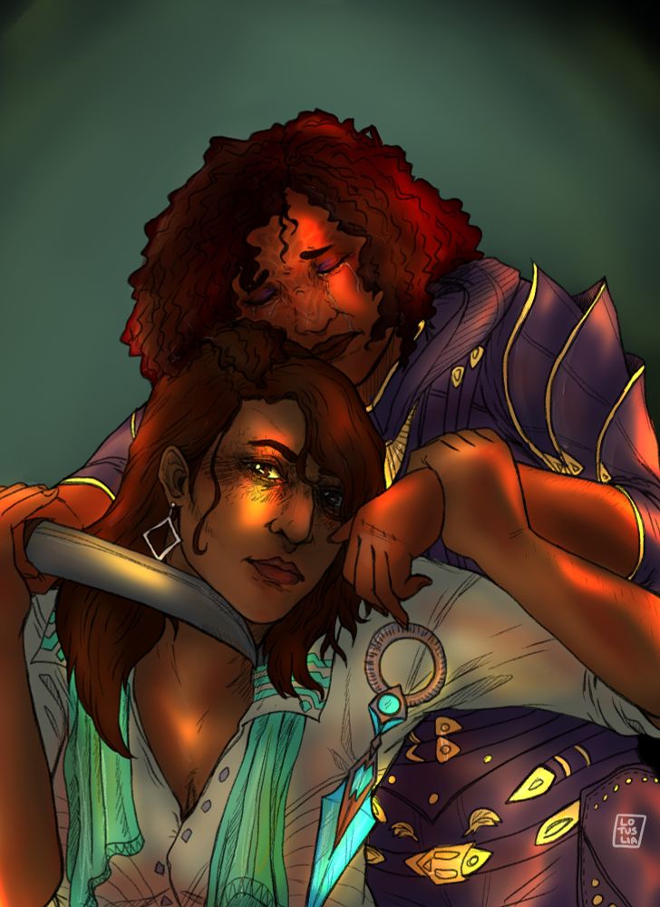 A drawing of Neve and Rook, who is a dark and curly haired human woman in crow clothing. Neve is at the forefront, looking in the camera with a steady expresson, a scar on her forehead and a bit of blightmarks around her eyes. Rook is holding a dagger to her neck while crying with her eyes closed, leaning to rest her head on Neve's. Neve is holding onto her hands, and squeezing hard enough to make the ritual dagger fall from Rook's grip.