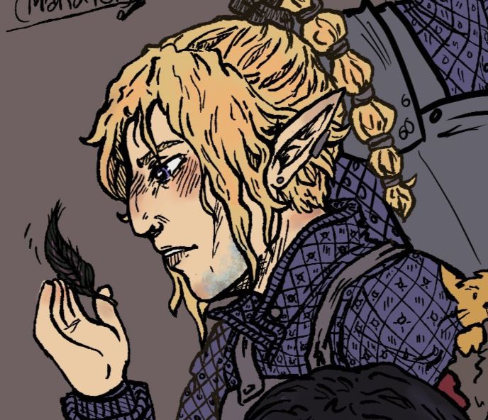 Drawing of Roan Surana, a blonde elf with a frostmark on his chin.