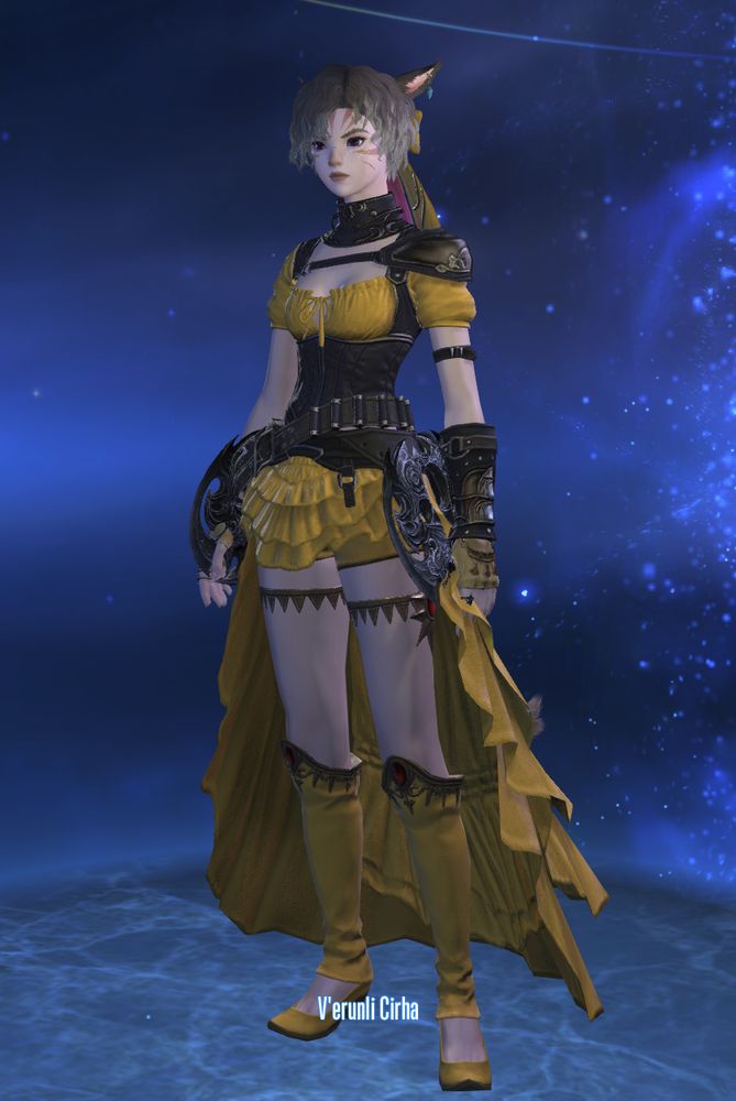 A catgirl from FF14 stands in the aetherial sea selection screen, wearing Dancer's gear that's dyed yellow. It's a long-trailed dress that's open from the front, and has a leather corset and details. Her hair is above chin-length and wavy.