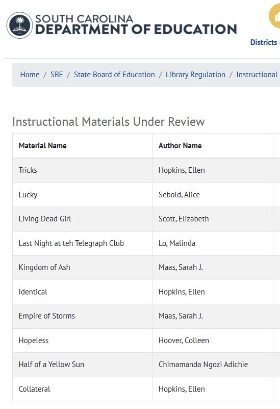 Tricks by Ellen Hopkins, Lucky by Alice Sebold, Living Dead Girl by Elizabeth Scott, Last Night at the Telegraph Club by Malinda Lo, Kingdom of Ash by Sarah J. Maas, Identical by Ellen Hopkins, Empire of Storms by Sarah J. Maas, Hopeless by Colleen Hoover, Half of a Yellow Sun by Chimananda Ngozi Adichie, and Collateral by Ellen Hopkins