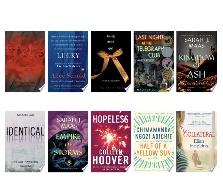 Tricks by Ellen Hopkins, Lucky by Alice Sebold, Living Dead Girl by Elizabeth Scott, Last Night at the Telegraph Club by Malinda Lo, Kingdom of Ash by Sarah J. Maas, Identical by Ellen Hopkins, Empire of Storms by Sarah J. Maas, Hopeless by Colleen Hoover, Half of a Yellow Sun by Chimananda Ngozi Adichie, and Collateral by Ellen Hopkins