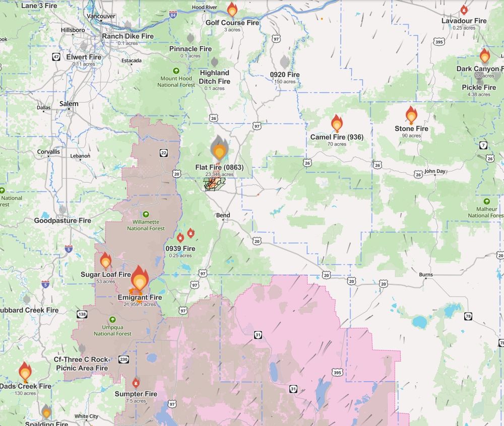 A map showing the wildfires in Oregon. There is only one kinda-big one right now at just under 24,000 acres. The rest are under control or pretty tiny!