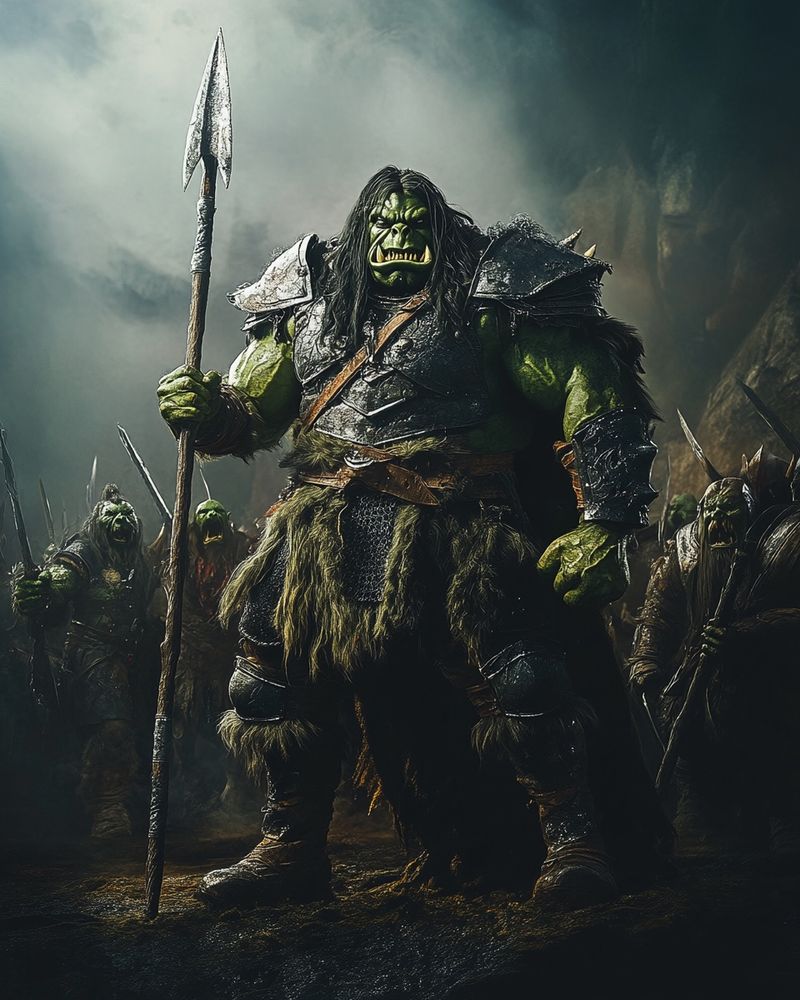 Fierce warrior ogre holding a tall spear, followed by his warriors who are orcs and ogres
