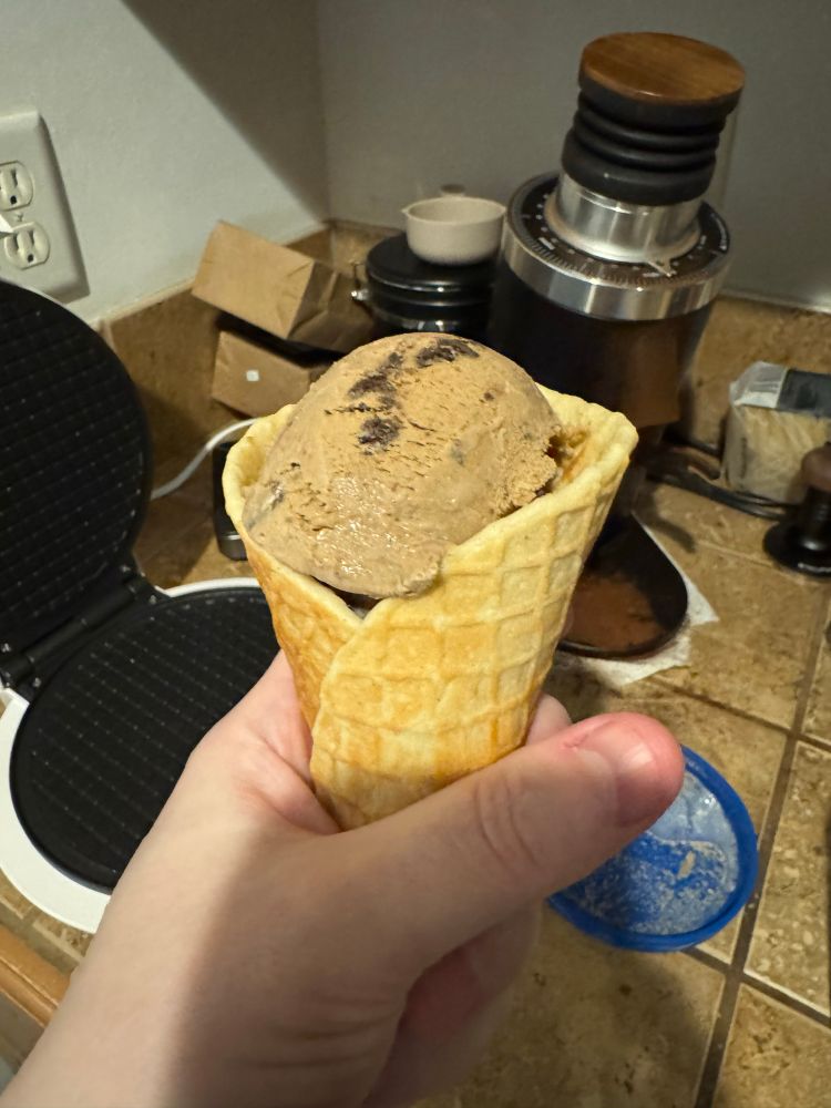 Hand holding a waffle cone with espresso Oreo ice cream scoops in it