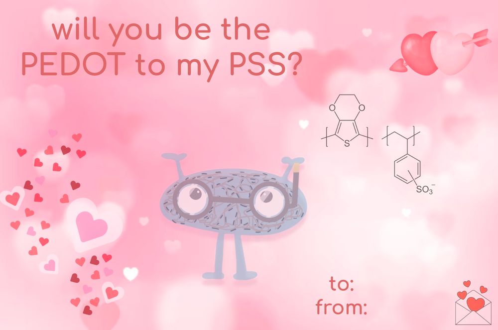 Valentine’s day card saying will you be the Pedot to my PSS. Showing the logo of the Kayser Lab (Pedot guy) and the chemical structure of PEDOT:PSS