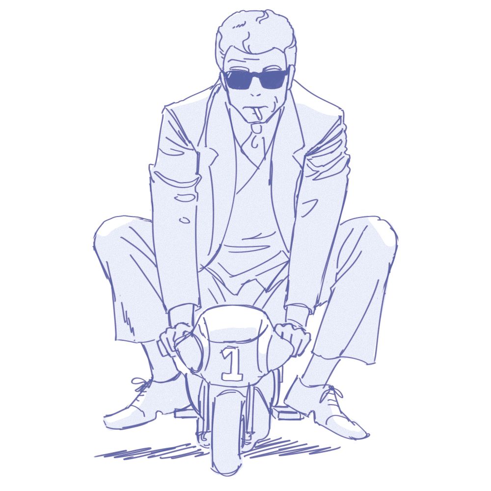 drawing of an adult man wearing a suit and sunglasses riding a teeny tiny motorcycle
