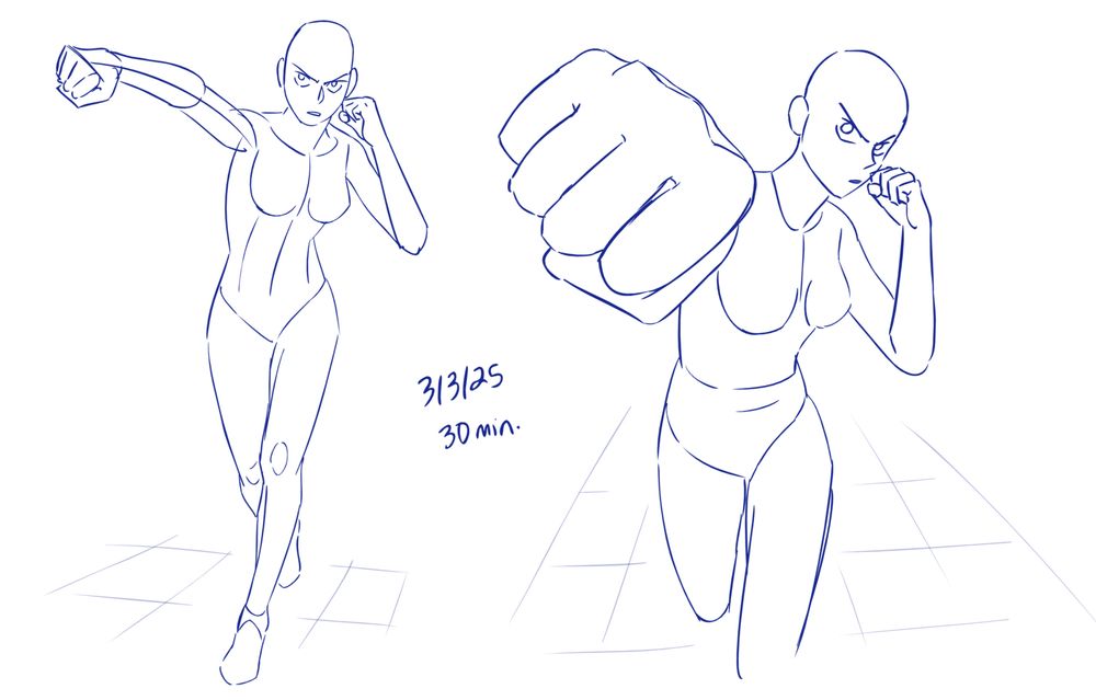 two drawings of a figure punching