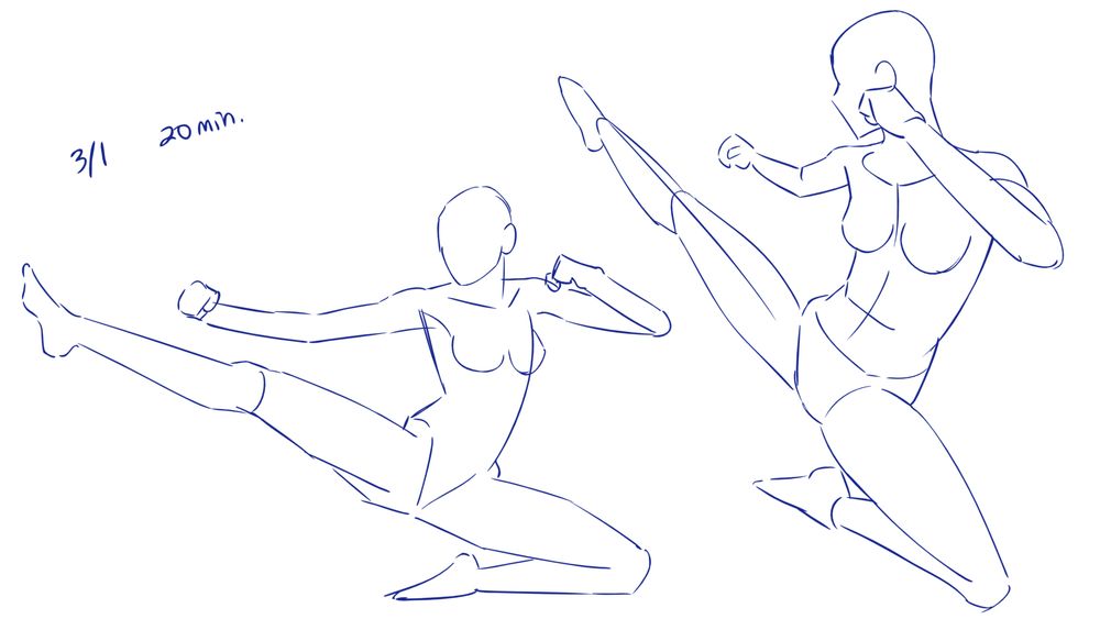 two drawings of a figure kicking