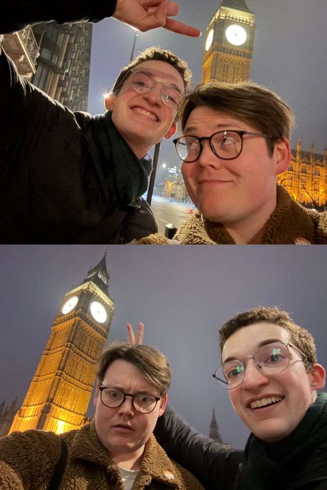 photos of my boyfriend and I doing goofy poses in front of Big Ben in London