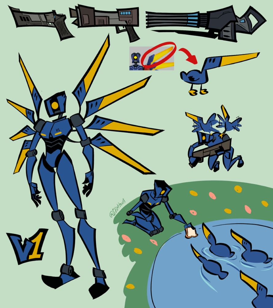 Drawing of V1. The pistol, shotgun, and nailgun are lined up at the top. On the right half of the canvas, V1's wings are reinterpreted as little blue ducks because its funny and hilarious. V1 is depicted feeding bread to these ducks (which you should never do) and using them to fly.