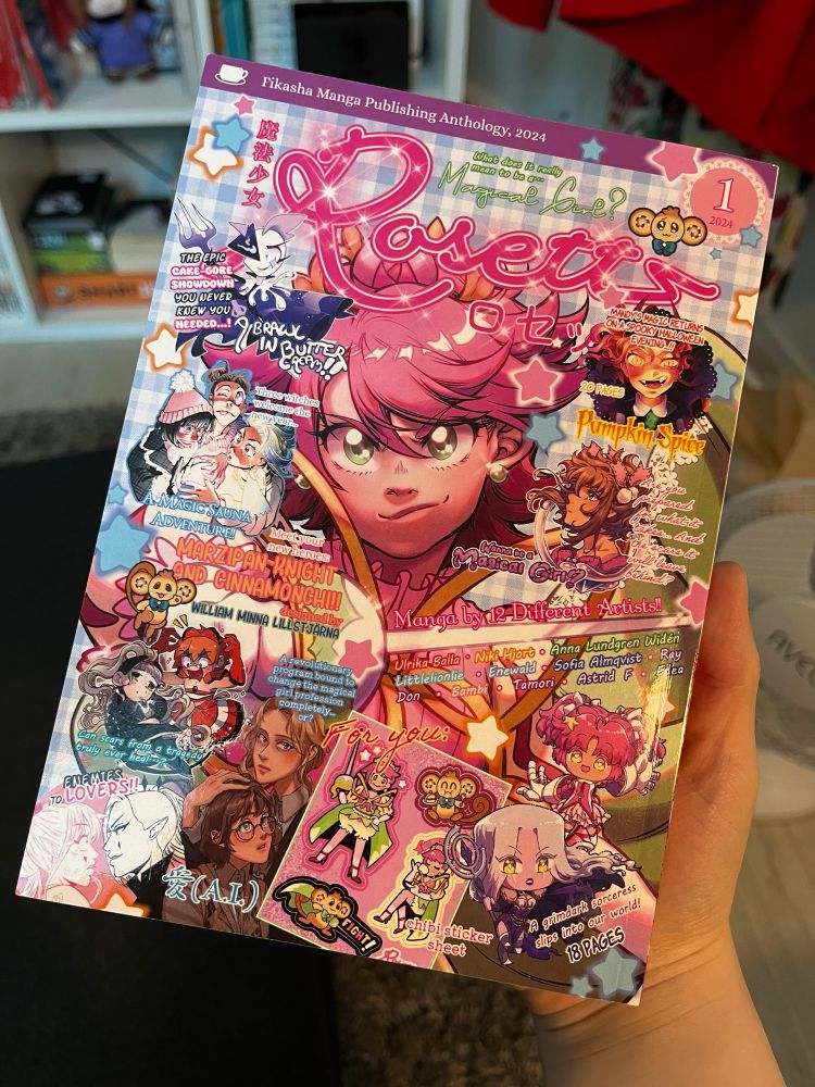 Photo showing the very colorful and detailed cover of the anthology manga Rosett.
