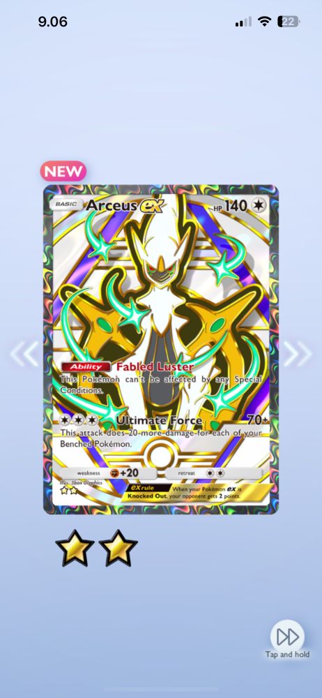 screenshot of a rare arceus ex in pokemon trading card game pocket