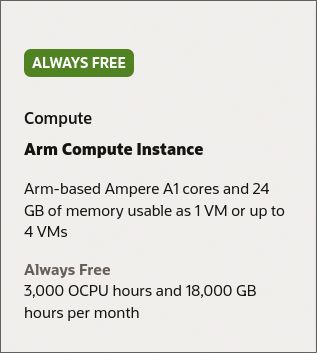 Description of a arm compute instance of Oracle Cloud:
"
ALWAYS FREE

Compute

Arm Compute Instance

Arm-based Ampere A1 cores and 24 GB of memory usable as 1 VM or up to 4 VM's

Always Free
3000 OCPU hours and 18000 GB hours per month
"