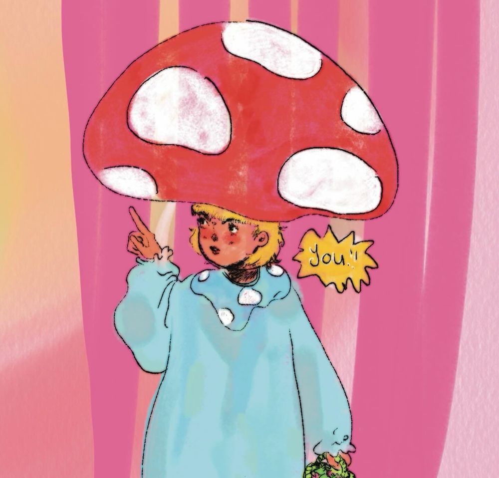 highly saturated digital art: a girl with a large mushroom-hat says "You!!" while pointing at the strawberry woman, who is offscreen in these cropped images! 