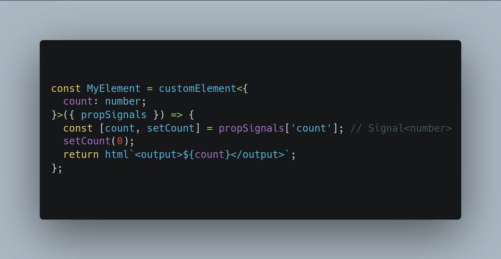code demonstrating the "count" property as a type generic, providing the type "number" for the signal.