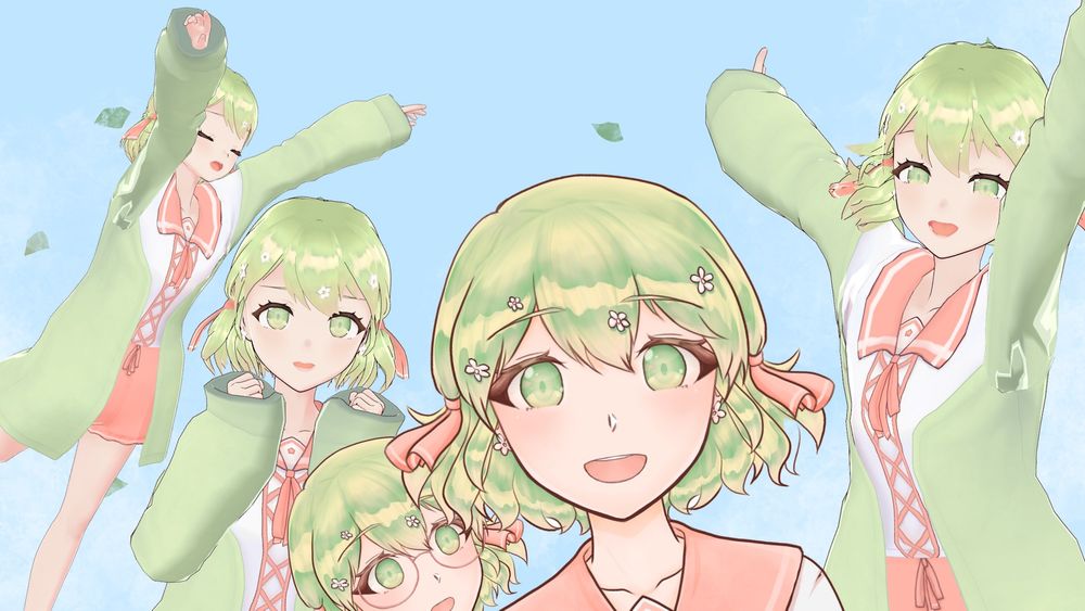 A collage of pictures of a vtuber with green hair on a blue background. 
