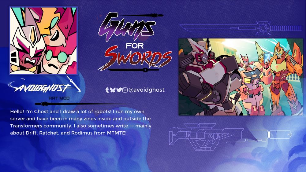 💥🔫 Mod Spotlight ⚔️✨

Our art mod @avoidghost.bsky.social draws a lot of robots! He runs his own server and has been involved in zines both in the fandom and outside of it. He also dabbles in writing about Ratchet, Drift, and Rodimus! 