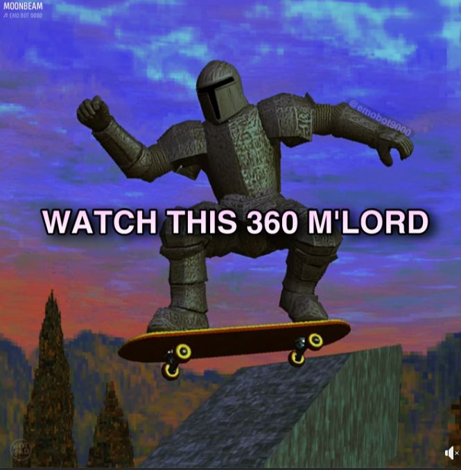 Cool Knight is doing a 360 with their skateboard in the air to impress their lord in this beautiful sexy low poly 3D environment