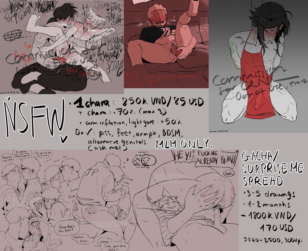 NSFW commission samples and price
- 1 chara: 850k VND/ 85 USD
+ chara: +70%(max 3)
+cum inflation, light gore: +50%
i can do: piss, feet, armpit, BDSM, alternative genitals (ask me!)

-gacha/surprise me spread
includes 3-5 drawings, takes up 1-2 months

bottom text: 55560x 2500, 300 dpi