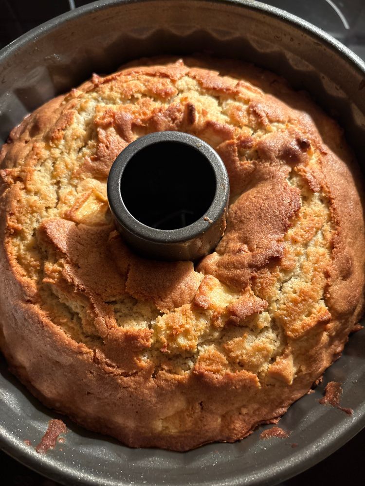 Ein braun-gebackener Gugelhupf mit Äpfeln in seiner Form.