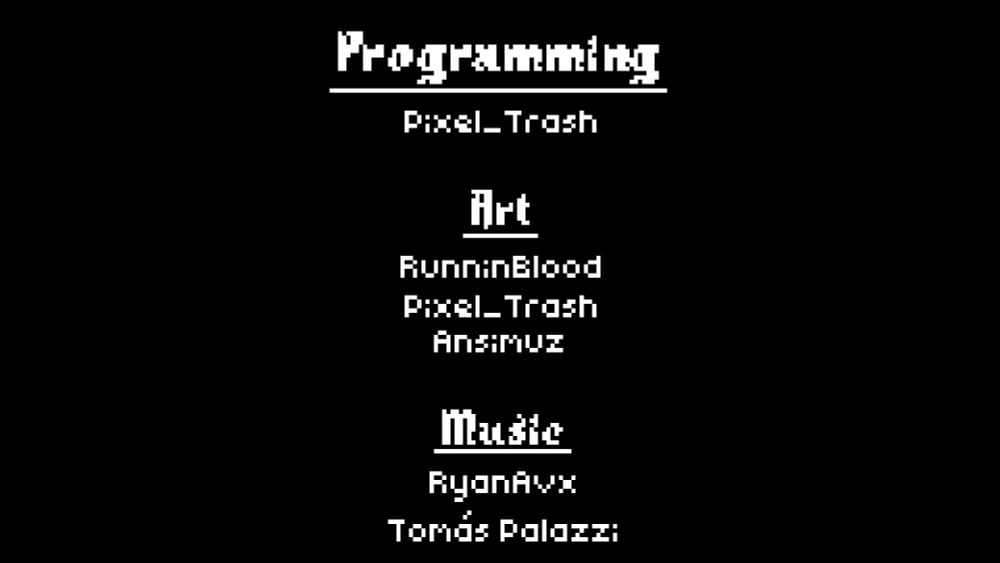 Credits for the game, listing programming, art, and music.