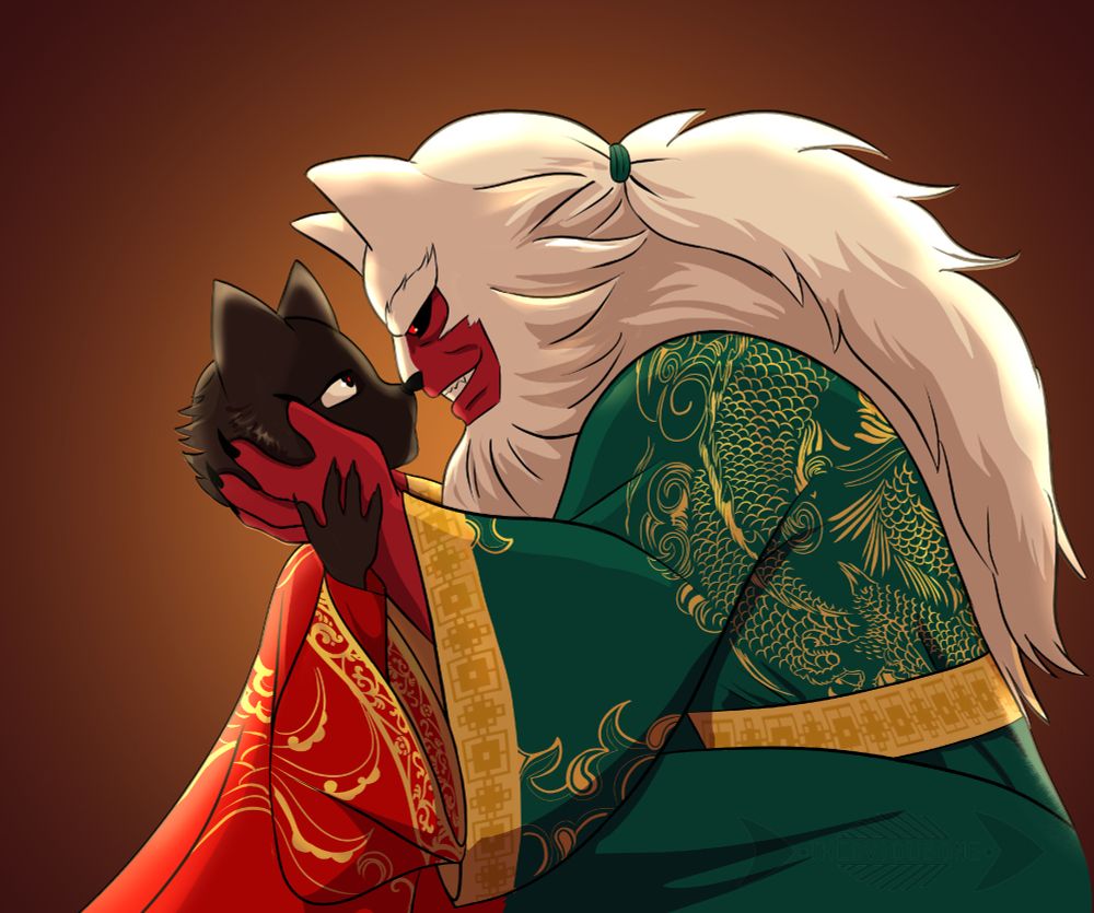 Jua and Jietong in their wedding attire. Jua wears the traditional red, with intricate gold patterns, while Jietong is in green with a gold dragon pattern and flames. He also has his mane tied back.

The newlyweds sit facing each other, Jietong cupping Jua's face in his large hands, while she looks up at him, her own hand touching his.