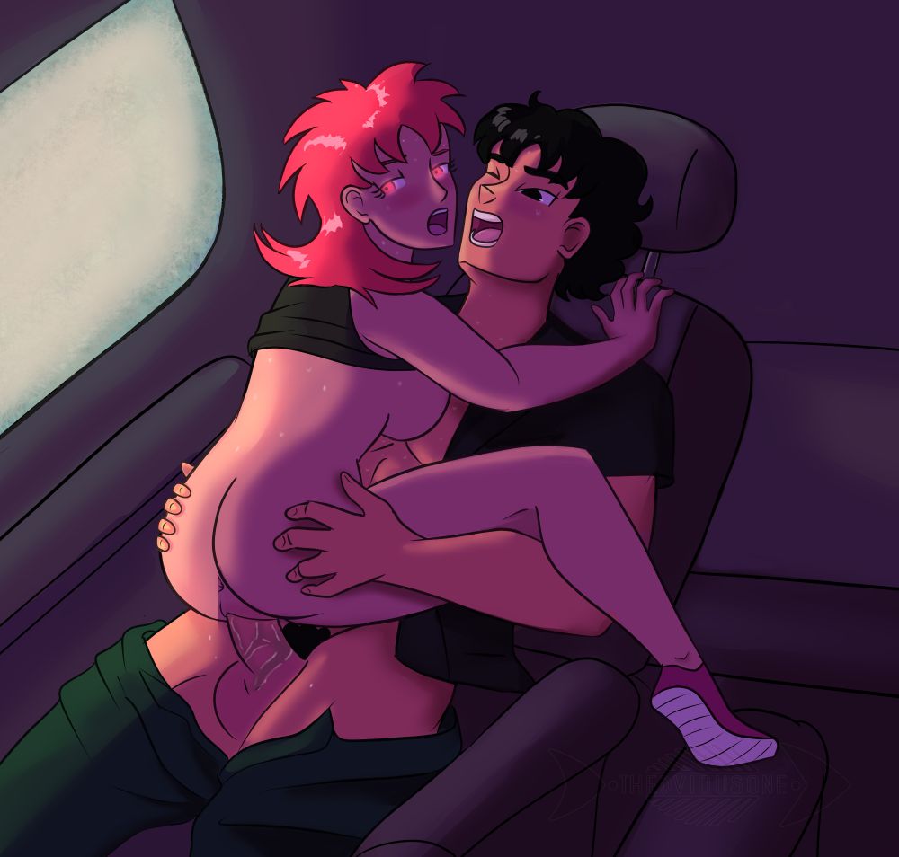 Sori is 'riding' on top of Amal who is reclining in the passenger seat, his shirt unbuttoned and pants pulled down. Sori is completely without pants or panties, her shirt hiked up, uncovering her breasts. She uses the center armrest to perch her foot for some stability.

Light shines through the window of the car though it is fogged up.