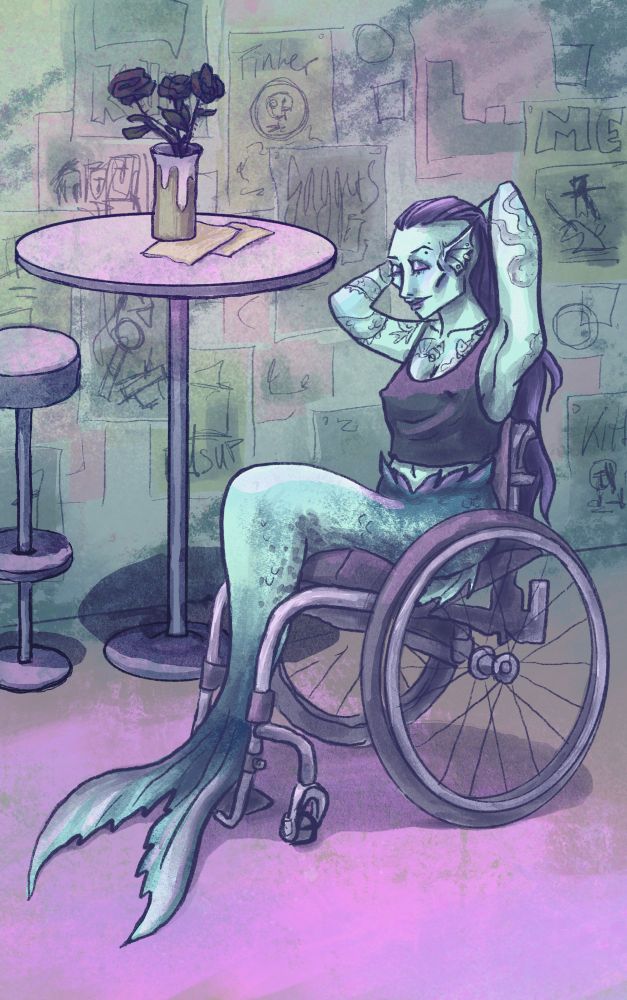 A mermaid sitting in a wheelchair in front of a bar table with a vase of dark roses. She has long, dark hair with a sidecut, piercings and tattoos with maritime motives. She wears a black top through wich you can see her nipple piercings. She poses in a confident manner with her arms up in her hair and her eyes closed. The light is cool white and pink and her skin and scales appear to be pale blue with darker areas around her fins.