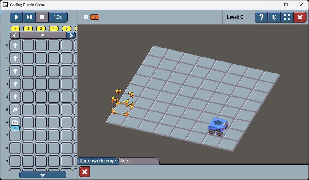 The image shows the main interface of the game 8-bitBot.

On the left side is the programming panel, where the player arranges commands in a vertical grid to control a robot. Program slots are selectable at the top, and the execution speed and playback controls are just above them.

On the right side is the game world, displayed as an isometric grid. A robot is visible near the center, and some directional markers are placed on the grid.

At the bottom, a toolbar is shown with tabs labeled "Kartenwerkzeuge" and "Bots", indicating that the editor mode is active and the player can place or modify elements in the level.