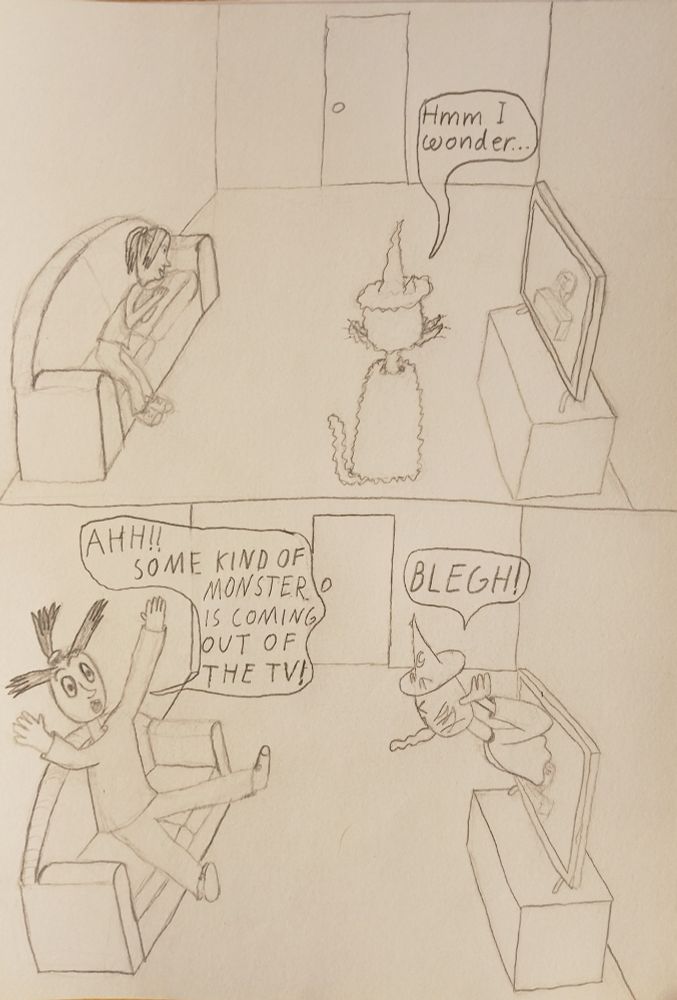 frame 9 the human is laying on the couch watching the news on tv wizard kitty says i wonder
frame 10 wizard kitty pops his head out of the TV and says BLEGH while poking his tongue out the human is startled and jumps up and cries ahh some kind of monster is coming out of the tv