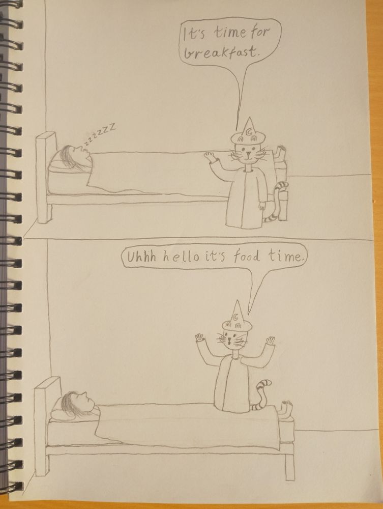 frame 1 the owner is sleeping, snoring, and wizard kitty puts his hand on them and says its time for breakfast
frame 2 wizard kitty gets on the owner and says uhhh hello its food time