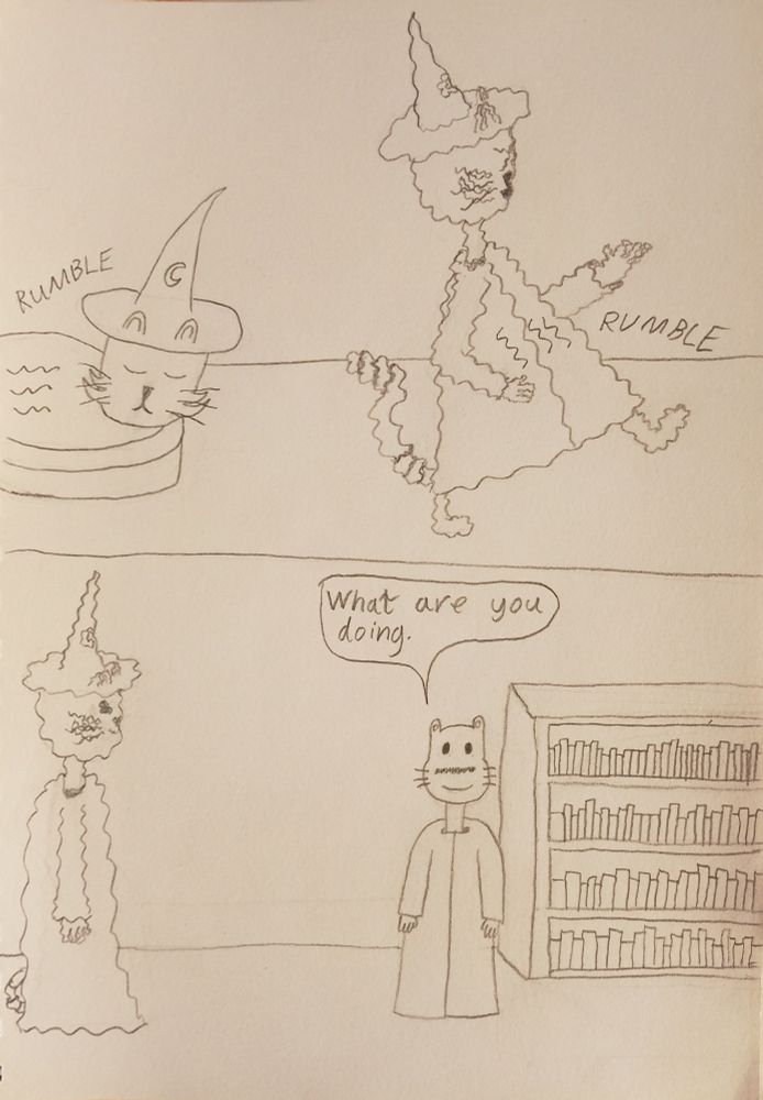 frame 5 wizard kitty runs off his tummy still rumbling
frame 6 wizard kitty comes across gerard and gerard asks what are you doing