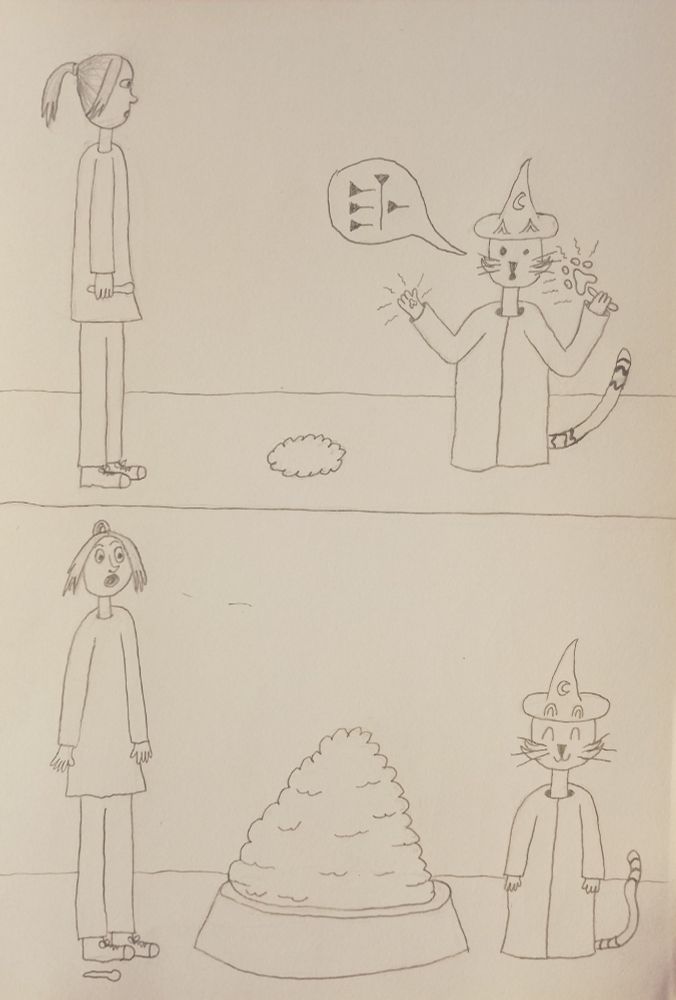 frame 3 wizard kitty casts a spell the food bowl turns into a puff of smoke
frame 4 the food bowl is now huge the owner looks surprised wizard kitty looks happy