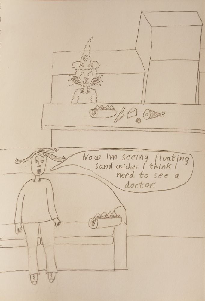frame 13 wizard kitty has made himself a cheese tomato and ham sandwich in the kitch
frame 14 a sandwich floats infront of the human and they say now im seeing floating sandwiches i think i need to see a doctor