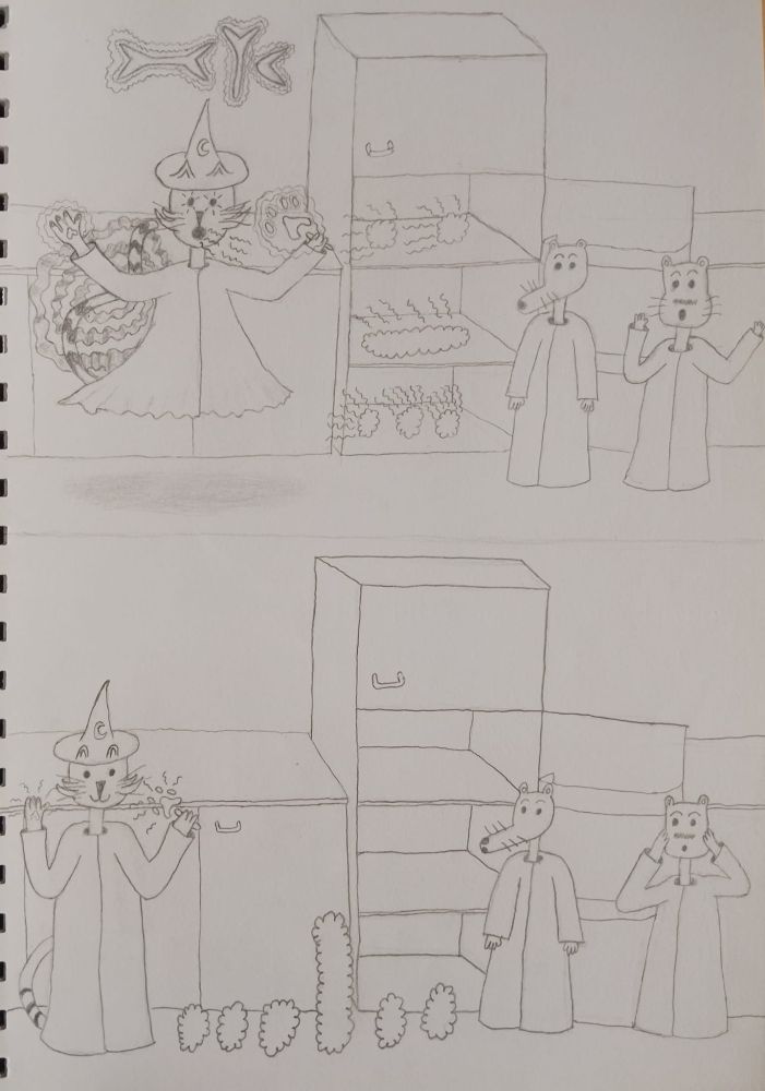 frame 3 wizard kitty casts a spell and floats in the air, all the food in the fridge turns into smoke clouds. gerard looks shocked
frame 4 the smoke clouds are out of the fridge