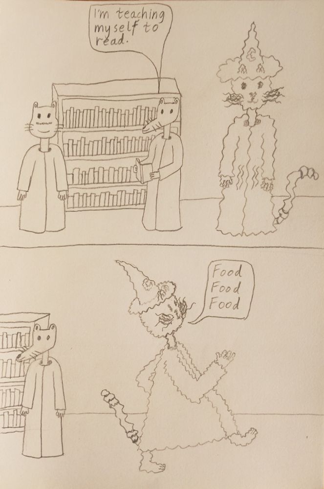 frame 7 rheese tells gerard im teaching myself to read
frame 8 wizard kitty runs off saying food food food