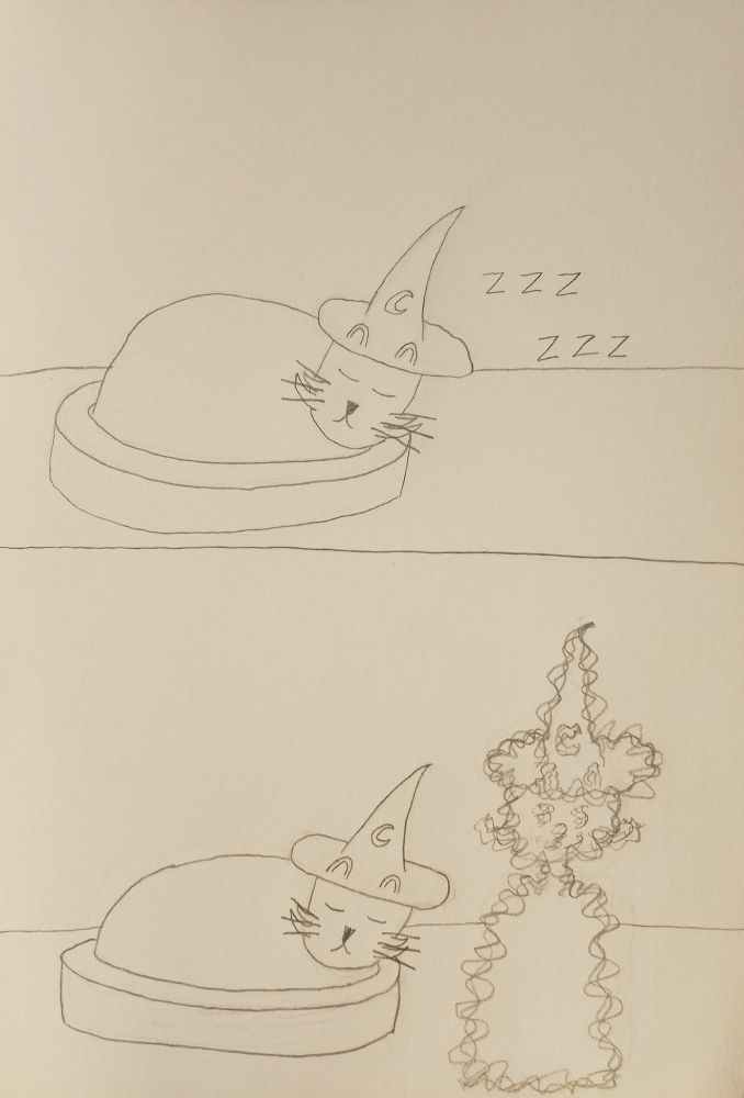 frame 1 wizard kitty is asleep
frame 2 vibrations start appearing 