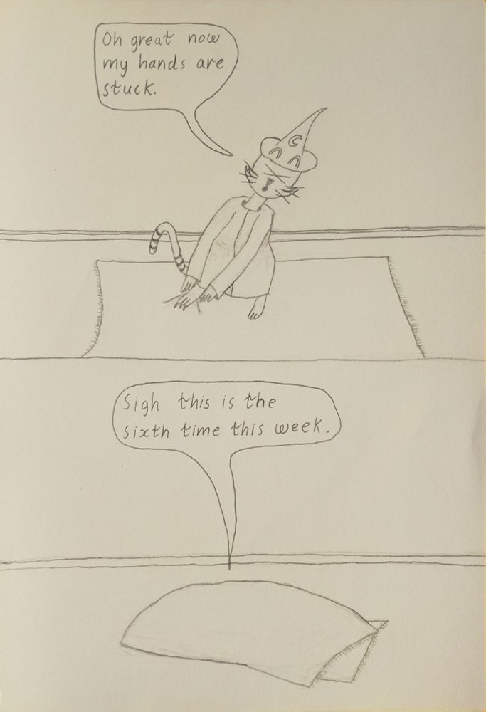 frame 3 wizard kitty tries to pull his foot free but it gets stuck he says oh great now my hands are stuck
frame 4 wizard kitty has pulled the rug over him and is stuck and says sigh this is the sixth time this week