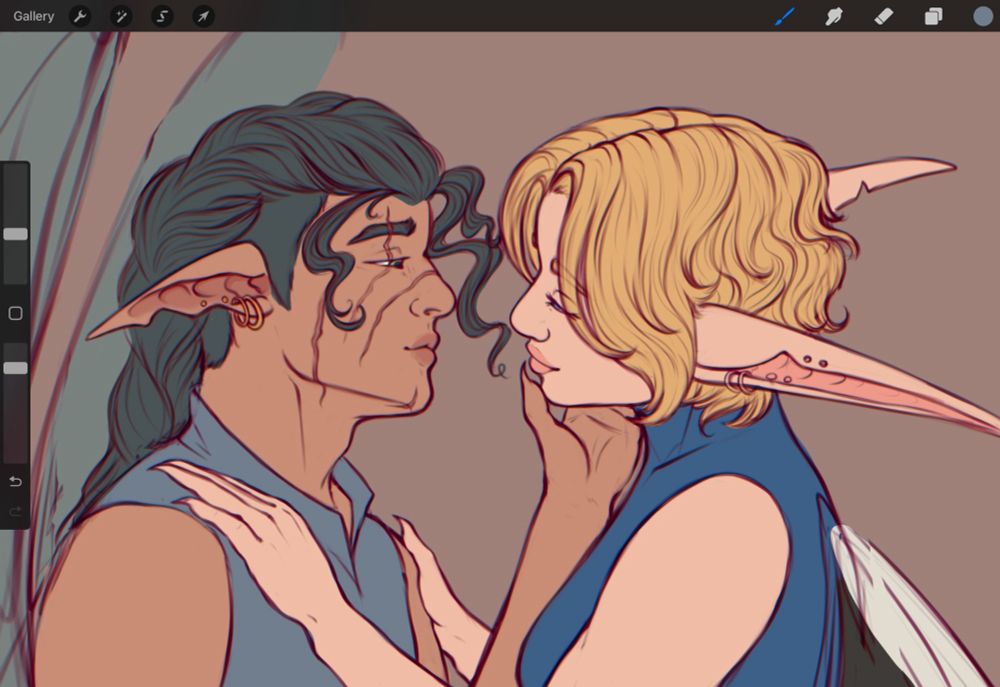 screenshot of a wip, featuring my ocs Tavi and Senna looking longingly at each other