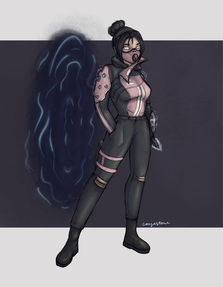 wraith from apex legends standing in front of a  void. she’s in a casual version of her void specialist skin looking to the right