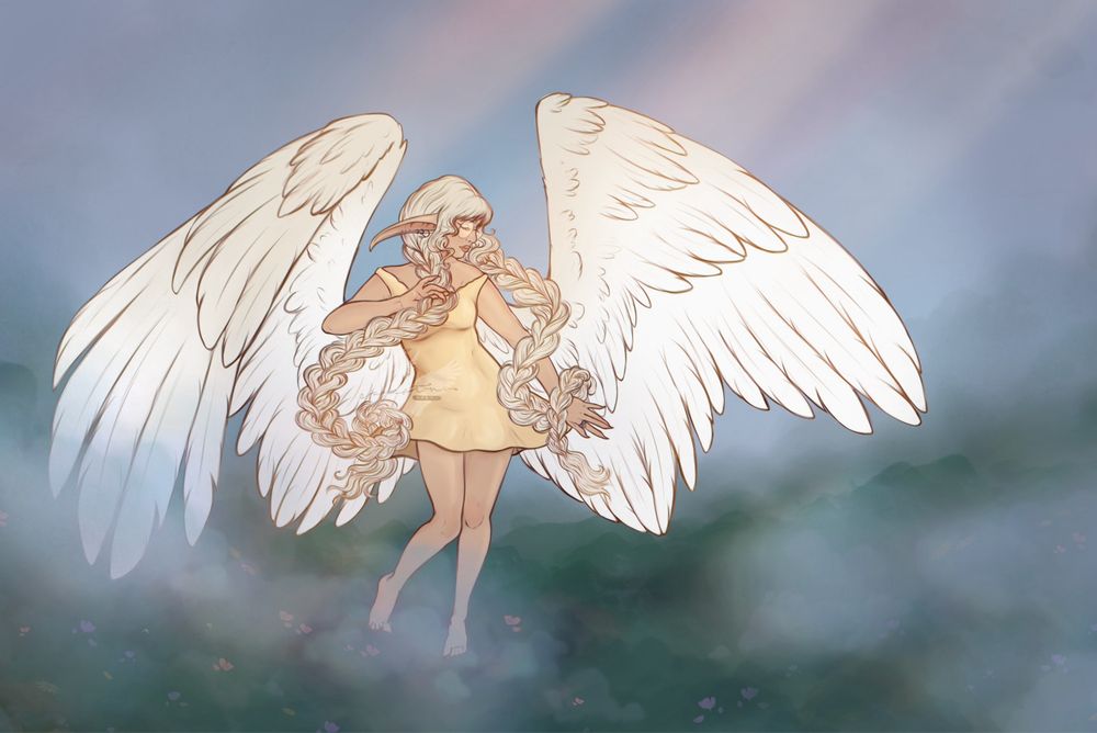 digital art of my winged humanoid oc, isa. she is dancing softly in the morning mist with her long braids flowing around her. a soft rainbow shines through the fog