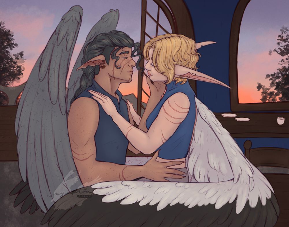 digital art of my ocs, senna and tavi looking at each other lovingly. there is a sunset in the background seen through a balcony and window