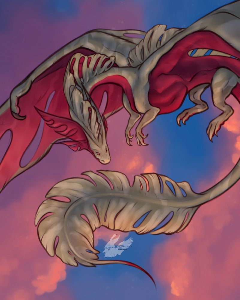 digital drawing of a flowing monstera-inspired dragon on a pink-sunset sky background