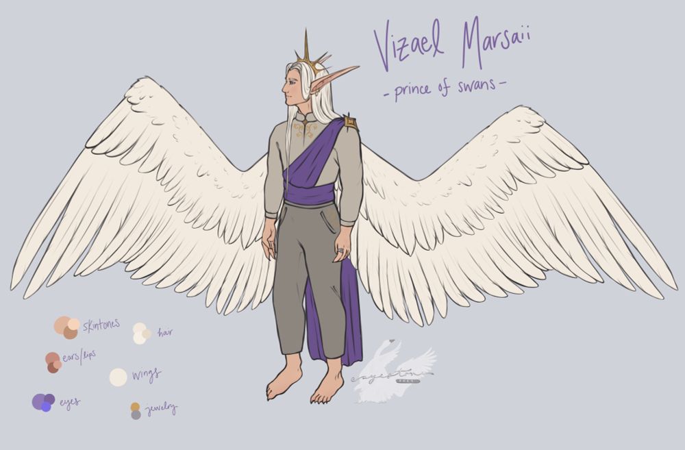 digital reference sheet of my ave oc, vizael marsaii. he is standing strong with his large white wings out to both sides. he is pale skinned with white hair and purple eyes. he is wearing a simple high collared shirt, a purple sash, and basic pants. on his left first finger is a star signet ring. his name “Vizael Marsaii” and title “Prince of Swans” is handwritten on the top right, with color swatches on the bottom left.
