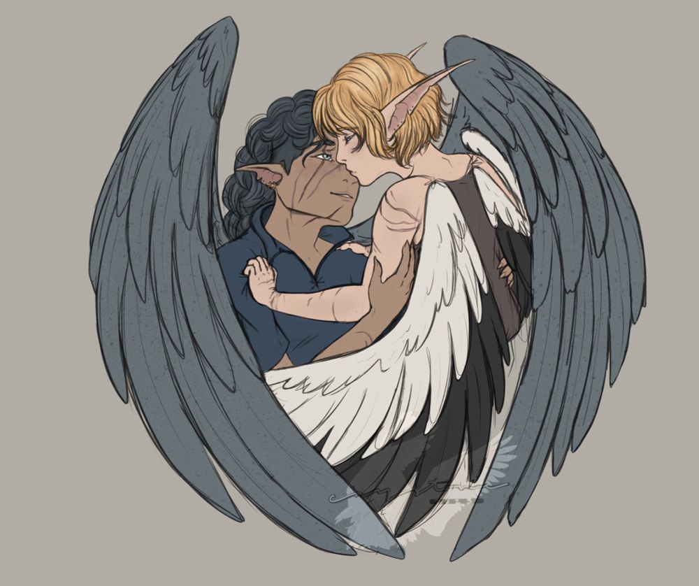 cayes ocs tavi and senna embracing and looking at each other gently. tavis grey wings are wrapped around them